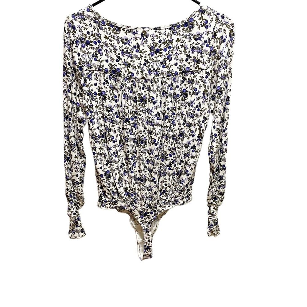Free People Kaya Ivory Purple Floral Cut Out Long Sleeve Bodysuit XS - Picture 8 of 9